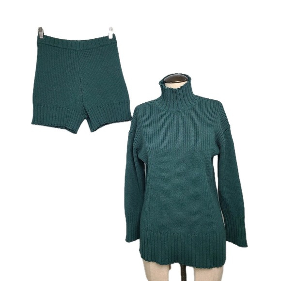 Free People FP Beach Rib Knit Trez Set Mock Neck Sweater Pull-on Shorts Green S - Picture 2 of 14